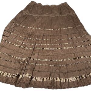 RAFAELLA Tiered Midi Skirt Eyelet Ribbon Boho Flowy 100% Cotton Womens L Brown